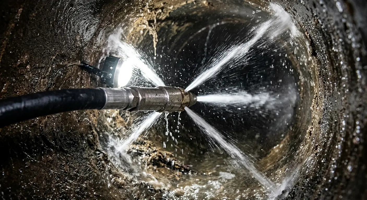 High-pressure hydro jetting nozzle cleaning sewer pipe for Storm Drain Cleaning in East Manchester