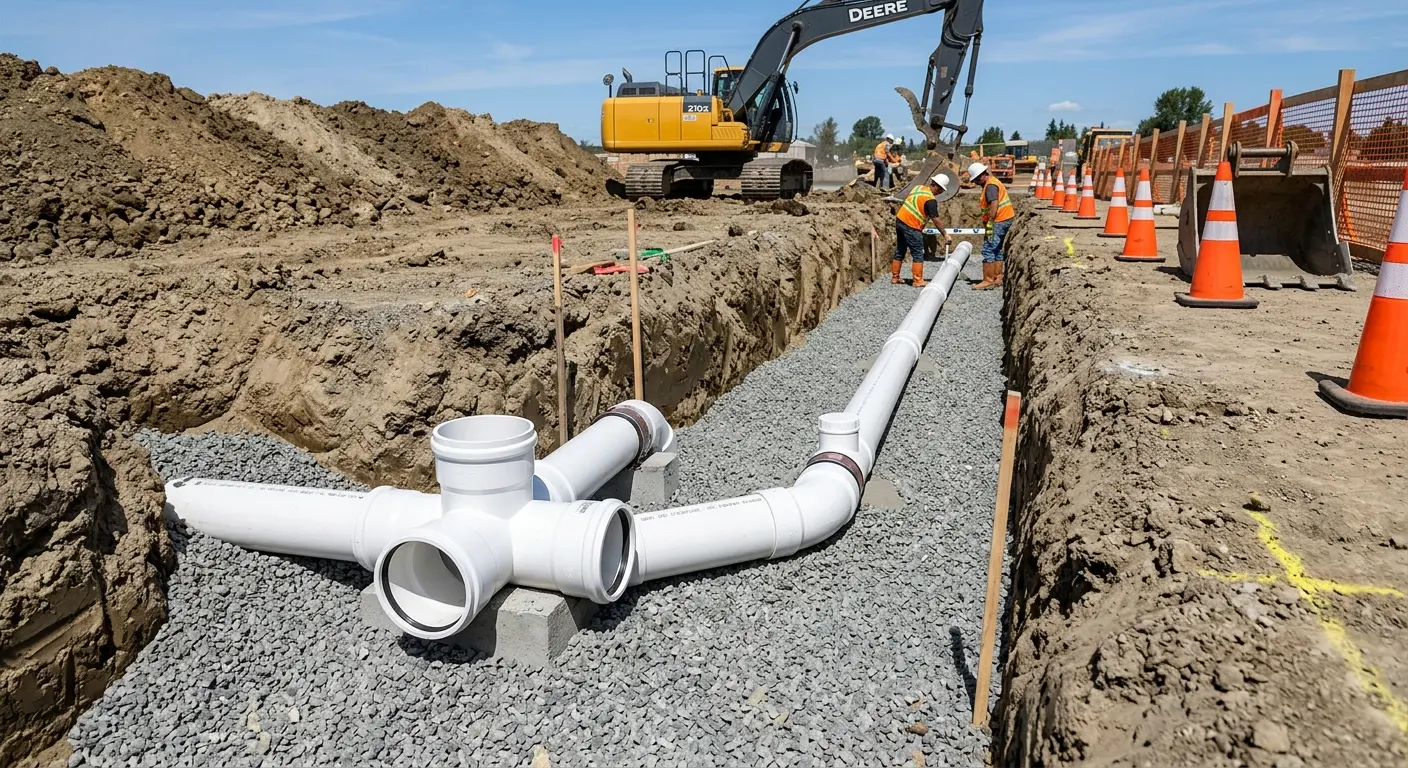 New PVC sewer pipe installation in open trench for Commercial Drain Cleaning in East Manchester