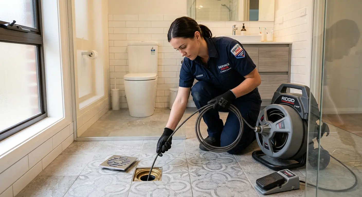 Technician clearing a bathroom floor drain for Hydro Jetting in East Manchester